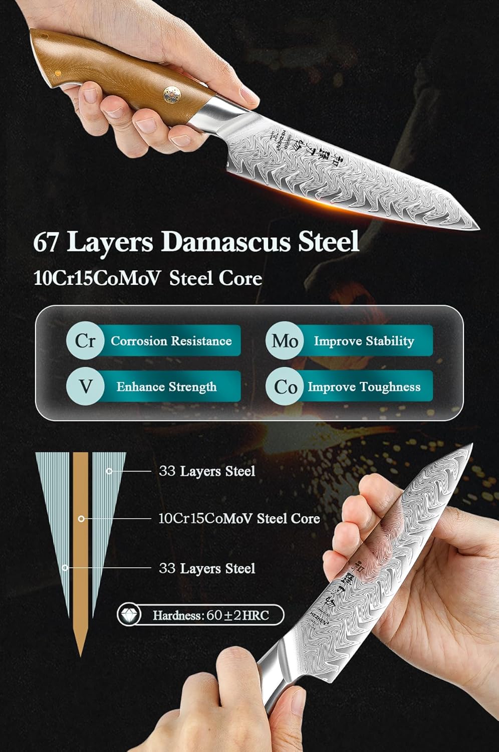HEZHEN Damascus Chef Knife, 8.5 Inches, 67 Layers Damascus Steel, Professional Japanese Kitchen Knife for Chefs and Home Cooking, Ultra-sharp Blade with Linen Micarta Handle, Gift Packing