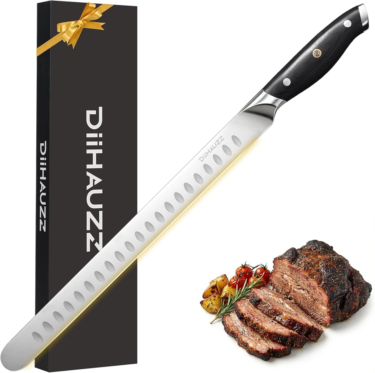 DiiHAUZZ Brisket Knife, 12 Inch Carving Knife for Meat, Razor Sharp High Carbon Steel, Full Tang Ergonomic Pakkawood Handle Slicing Knives for Roast Beef, BBQ, Turkey, Grilling Gift for Men