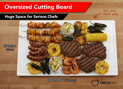 Commercial Grade Plastic Cutting Board with Juice Groove - 18 x 12 Inch for Carving Meat, Grilling, BBQ - 1/2" Thick White HDPE Poly for Food Service