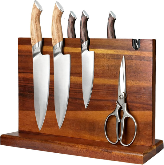 Magnetic Knife Block Natural Acacia Wood Knife Holder Space-Saving Magnetic Strip for Kitchen Knives Self-Sharpening Slot for Maintaining Blade Sharpness Strong Magnet Securely Holds Knives