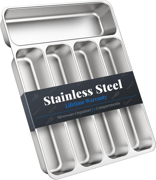IKOCO 2-Pack Silverware Organizers Stainless Steel Kitchen Drawer Organizer with 5 Compartments, Dishwasher Safe for Spoons Forks Knives (13.8”x11.4”x1.6, Silver)