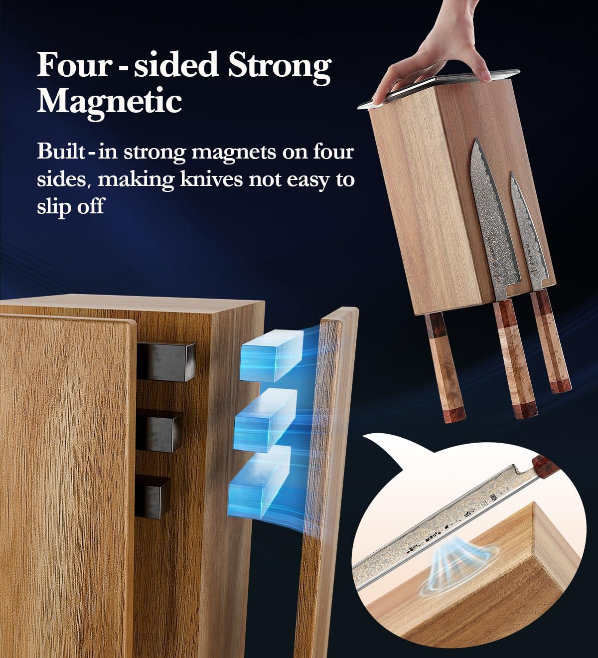 Strong Double Sided Magnetic Knife Block Without Knives, with Acacia Wood+430 Stainless Steel Base，Magnetic Universal Stands with Strong Enhanced Magnets Strip Kitchen Storage Cutlery Large Organizer