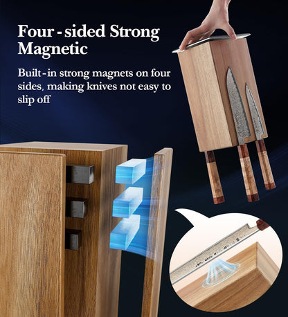 Strong Double Sided Magnetic Knife Block Without Knives, with Acacia Wood+430 Stainless Steel Base，Magnetic Universal Stands with Strong Enhanced Magnets Strip Kitchen Storage Cutlery Large Organizer