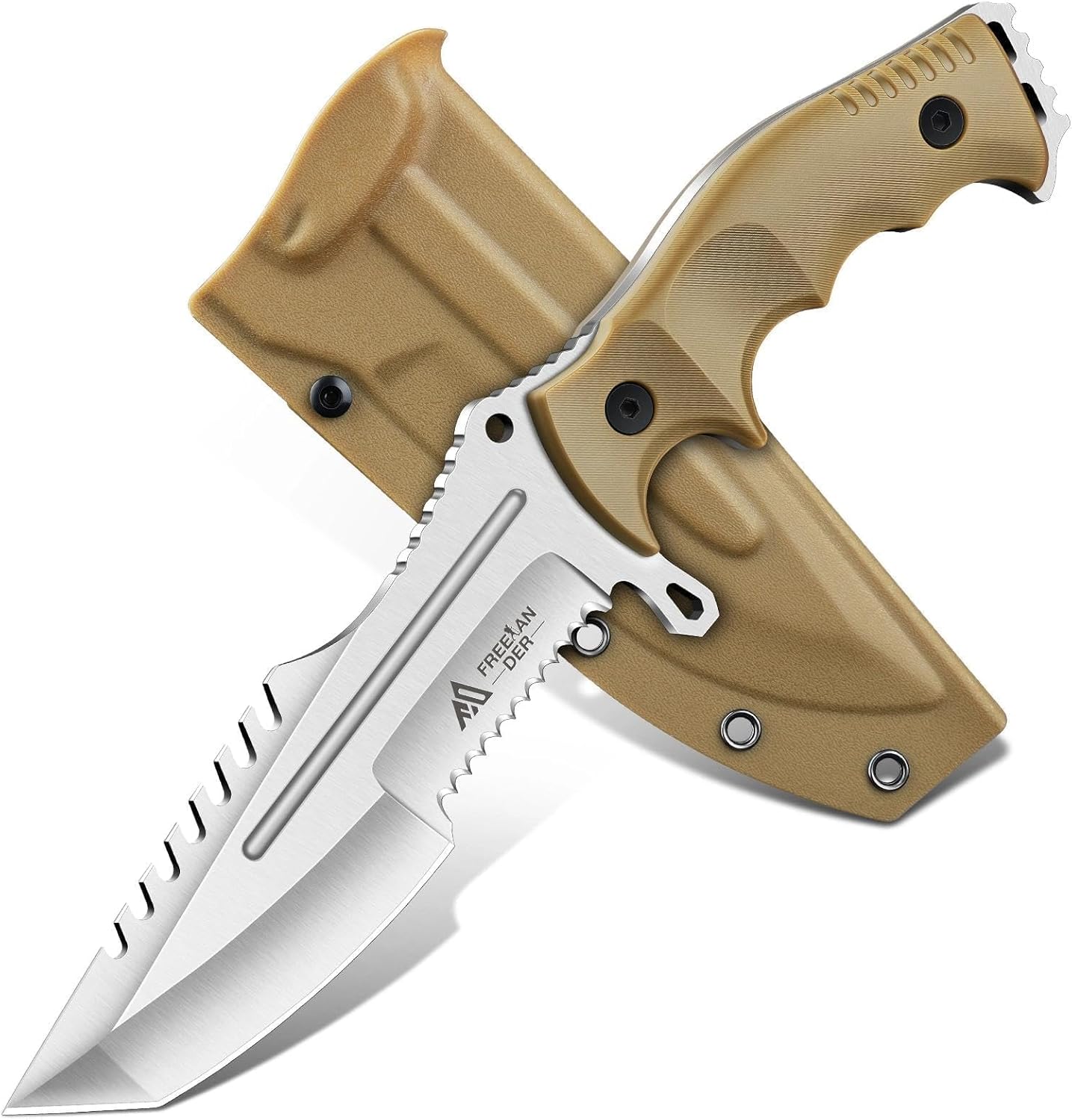 Freelander Fixed Blade Knife with Sheath, Full Tang D2 Steel Survival Knife, Camping Bushcraft Knives with Ergonomic Handle, Outdoor Knives for Men