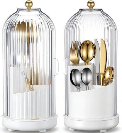 2 Pack 360° Rotating Silverware Organizer, Utensil Holder with Lid for Kitchen Counter Silverware Caddy with Drainage Dustproof Flatware Holder for Cutlery Spoon Fork(Diamond White,3 Slot)