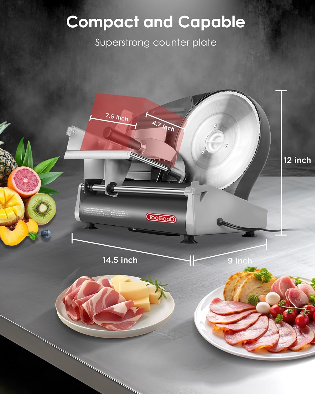 TOOGOOD 7.5" Electric Meat Slicer, with Stainless Steel Blade, Adjustable Thickness Food Slicer Machine for Home Use, Cuts Meat, Ham, Hard Cheese and Deli (Black)