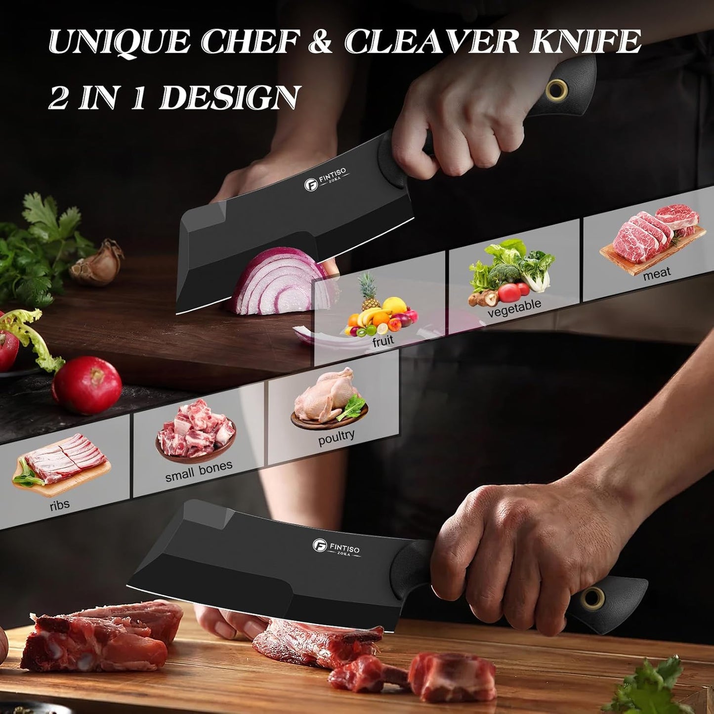 5.5 Inch Butcher Knife, 2-in-1 Chef & Meat Cleaver Knife with Sheath, Multipurpose Full Tang G10 Handle Kitchen Knives for Bone Chopping, 14C28N High Carbon Stainless Steel for Home and Outdoor
