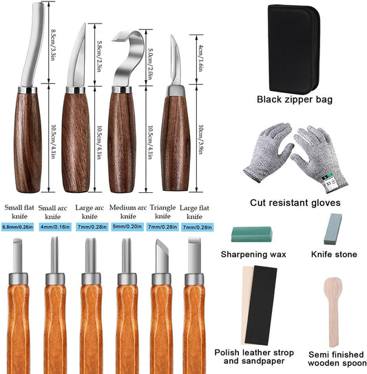 Wood Carving Tools Set,Detail and Hook Carving Knife Kit for Beginners,Trimming Knife for Spoon Bowl Cup Woodwork,Round handle design and 6pcs SK2 Carbon Steel Wood Carving Knives（10pcs）