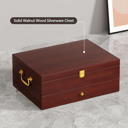 Solid Walnut Silverware Storage Box, 2-Layer Silverware Chest with Drawer, Flatware Case with Lid and Felt Lined, Wood Flatware Storage Box Holds 12-16 Sets of Utensils, Wedding Housewarming Gifts