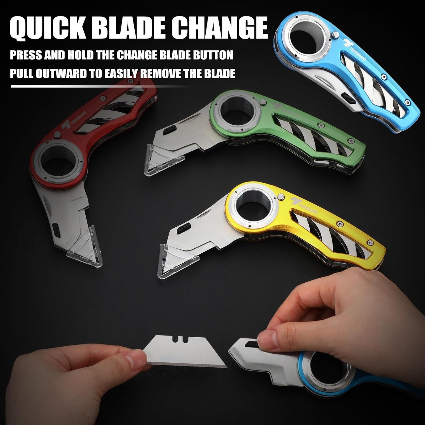 Tondiamo 4 Pcs Folding Pocket Utility Knife Heavy Duty Box Cutter Folding Razor Knife with Anti Slip Finger Loop Easy Change Blades 3 Lock Positions Design (Yellow,Red,Black,Green)