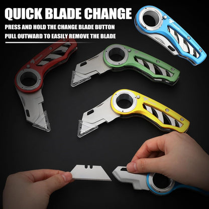 Tondiamo 4 Pcs Folding Pocket Utility Knife Heavy Duty Box Cutter Folding Razor Knife with Anti Slip Finger Loop Easy Change Blades 3 Lock Positions Design (Yellow,Red,Black,Green)