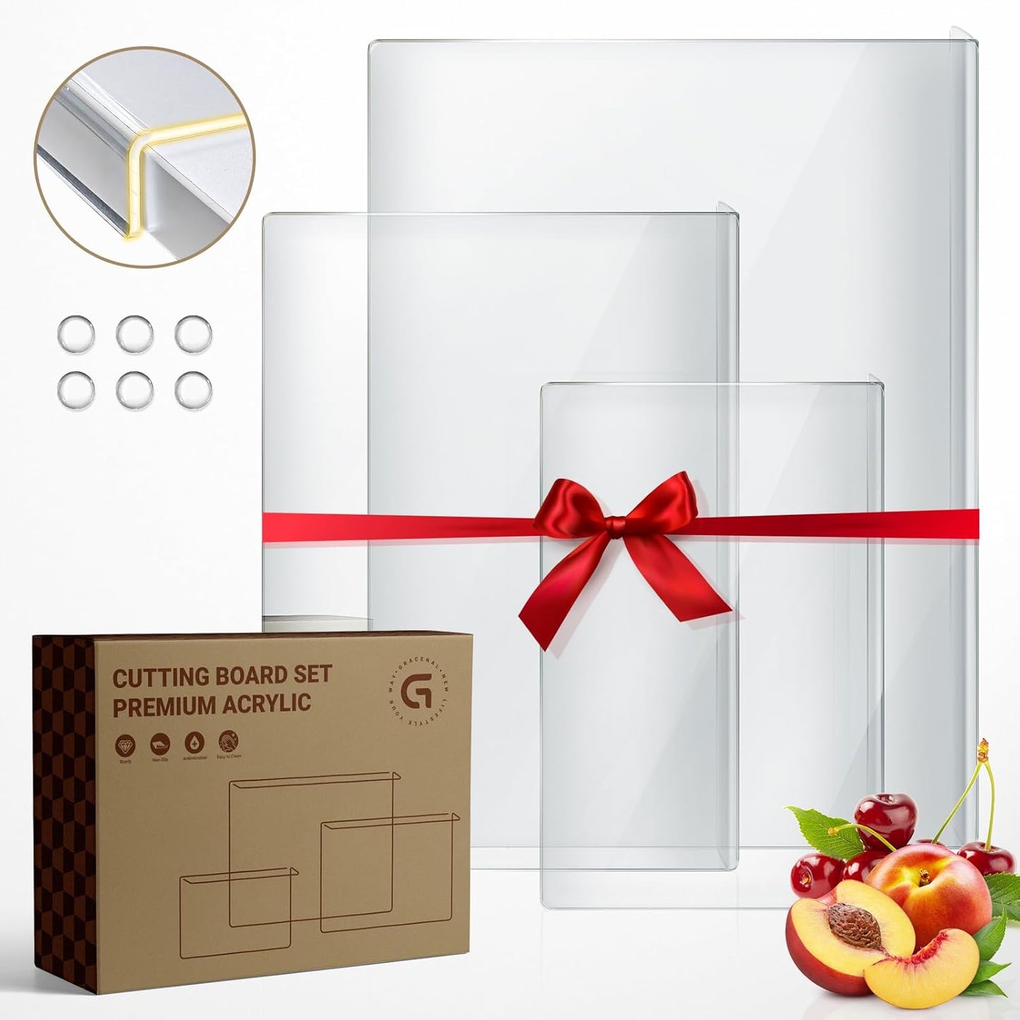 3PCS Acrylic Cutting Board with Counter Lip, Cutting Boards Set, Clear Cutting Boards for Countertop, Non Slip Cutting Board for Kitchen Utensils, Kitchen Decor, House Warming Gifts New Home