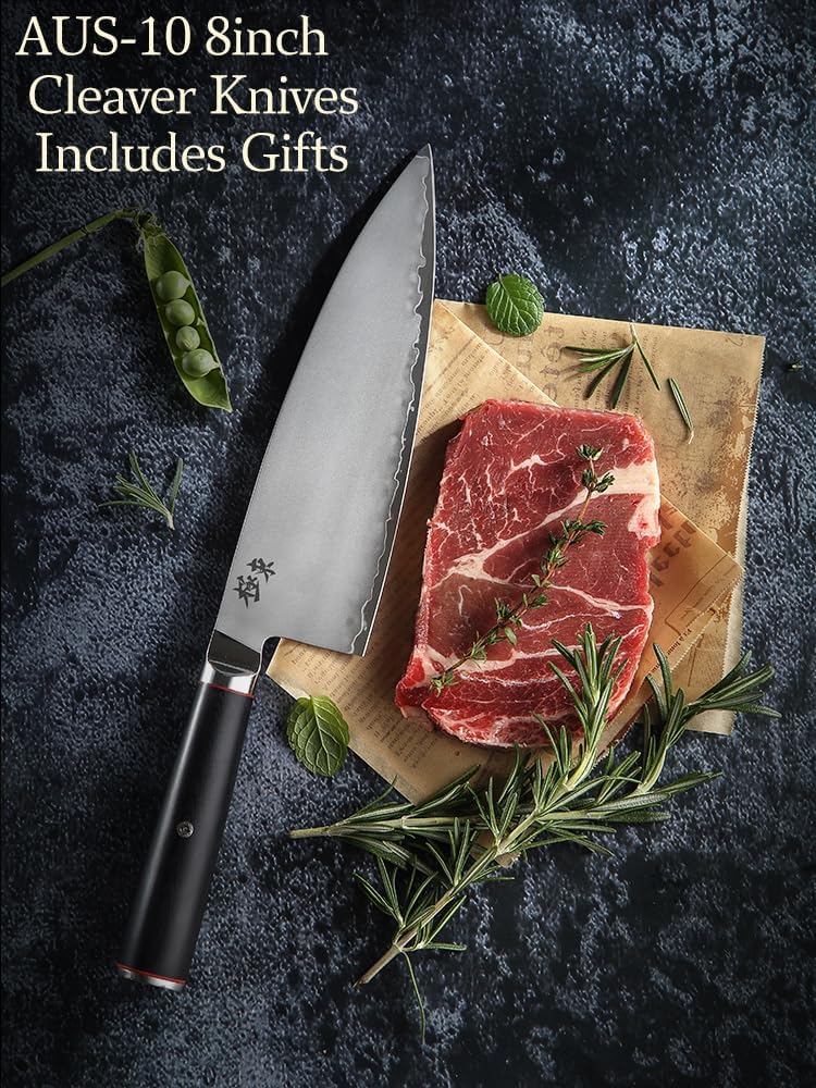 Japan Aichi AUS10 Triple Layer Composite Steel 8-inch Chef's Knife,Gyuto，Meat Cleavers，G10 Handle, Forged Kitchen Knife，Black Walnut Knife Sheath Set