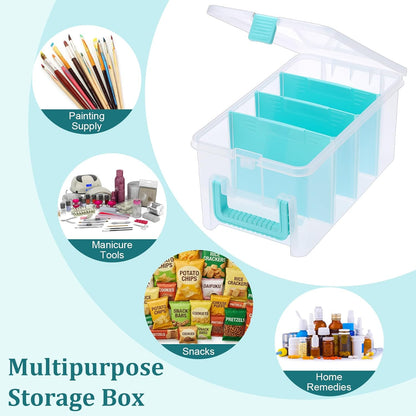BTSKY Clear Plastic Dividing Storage Box with 4 Compartments Adjustable Storage Bin with Lid Plastic Craft Storage Container Multipurpose Sewing Box Art Supply Organizer, 13.3x8.1x3.4 Inches