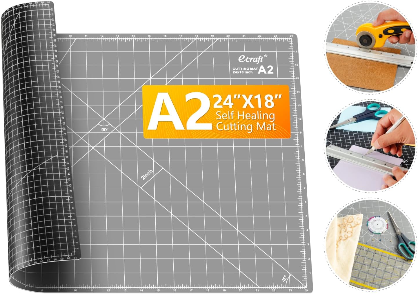 Ecraft Self Healing Cutting Mat 18x12 Inch A3, 5-Ply Double Sided Rotary Cutting Board with Grid, Grey/Black for Sewing, Quilting, Fabric & Craft Projects