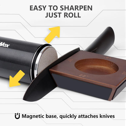 Knife Sharpener,Longer Rolling Knife Sharpener Kit,Diamond & Ceramic Knife Sharpening System with Leather Strop,4 Angle Guide, Replaceable Discs for All Kitchen Knives