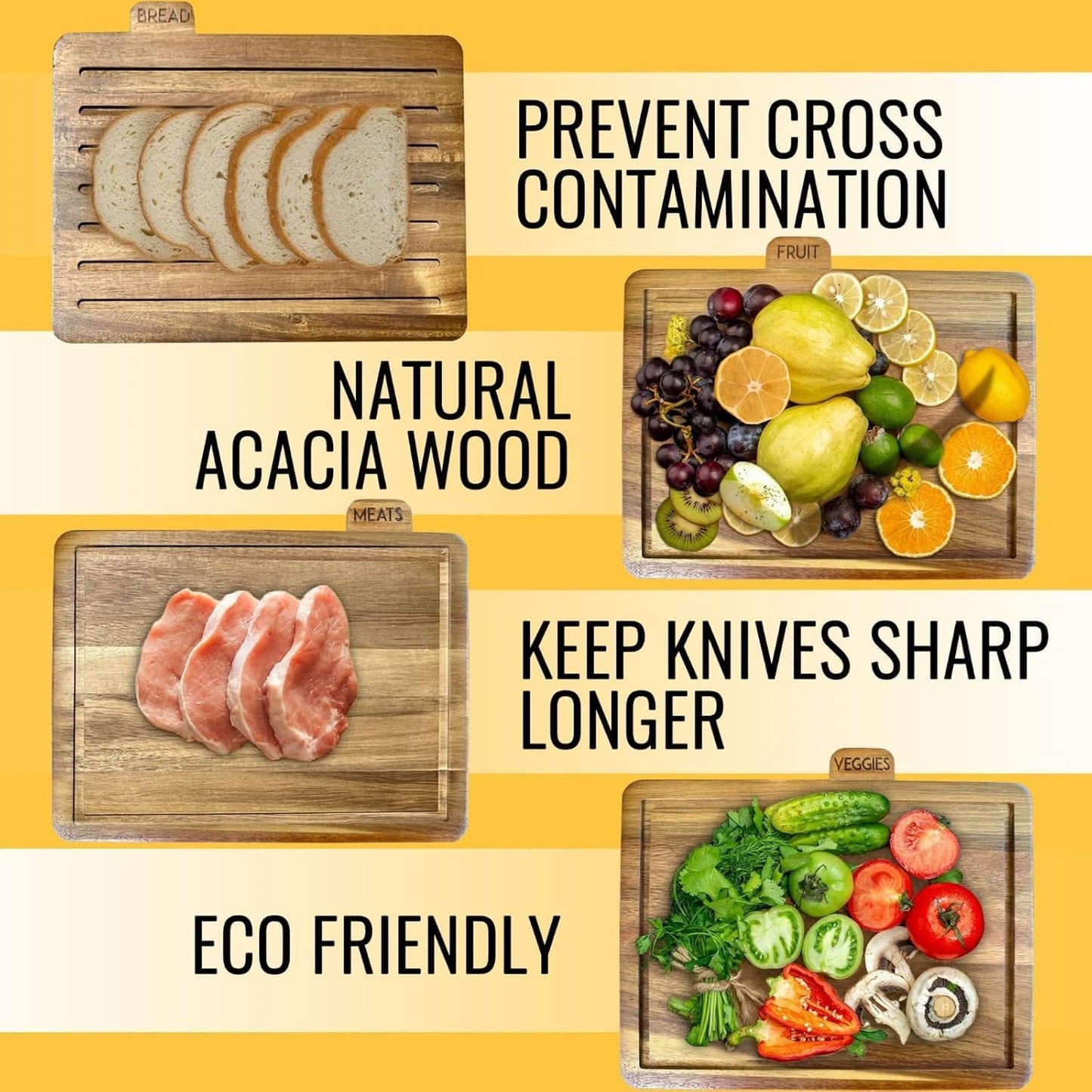 Acacia Cutting Boards for Kitchen with Holder 13" x 11" x 2.5" | Labeled Wood Cutting Board Sets | Large Wooden Cutting Board Set of 4 with Black Organized Stand | Non Toxic Chopping Board