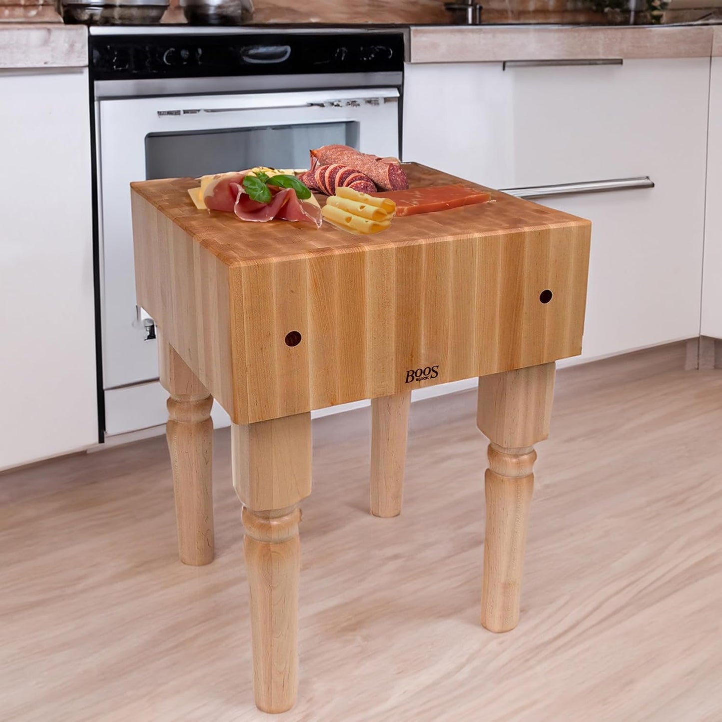 John Boos AB Series Square Wooden Maple Cutting Board 18”x18”x34” – 10” Thick, 135-lb Non-Reversible Butcher Block with Legs & End-Grain
