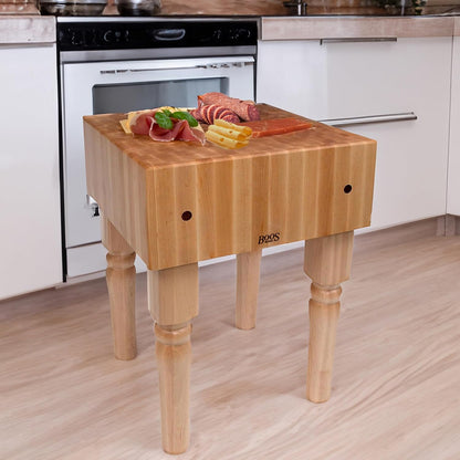 John Boos AB Series Square Wooden Maple Cutting Board 18”x18”x34” – 10” Thick, 135-lb Non-Reversible Butcher Block with Legs & End-Grain