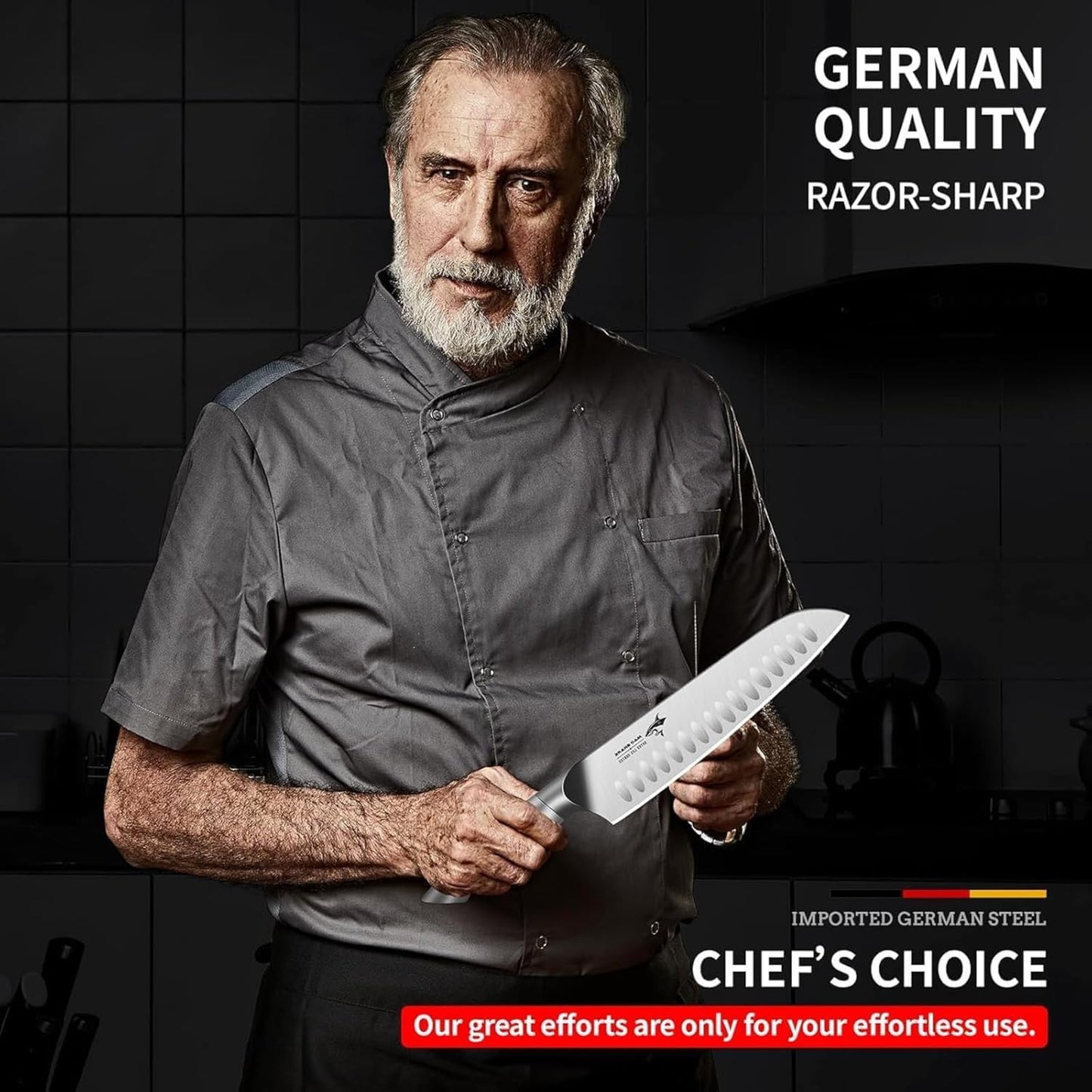MAD SHARK 8 Inch Santoku Knife - Ultra Sharp Japanese Kitchen Knife with High Carbon German Steel, Ergonomic Handle, Ideal for Slicing, Dicing, Cutting - Unique Gift for Chefs, Men & Women (Black)