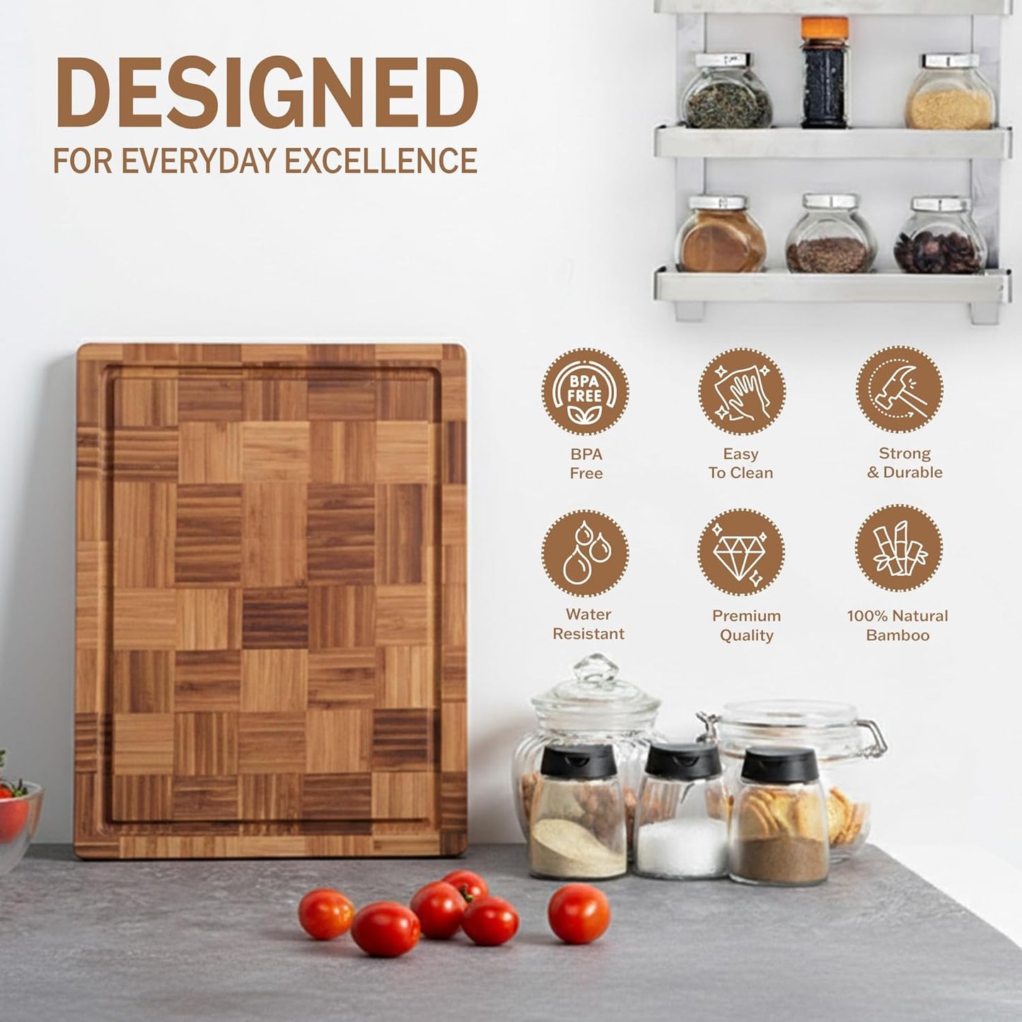 Bamboo Cutting Board Set of 3 in Large, XL and XXL Sizes, Heavy Duty Wooden Kitchen Boards, End Grain Butcher Block with Juice Groove, Durable Non-Slip Serving and Prep Boards