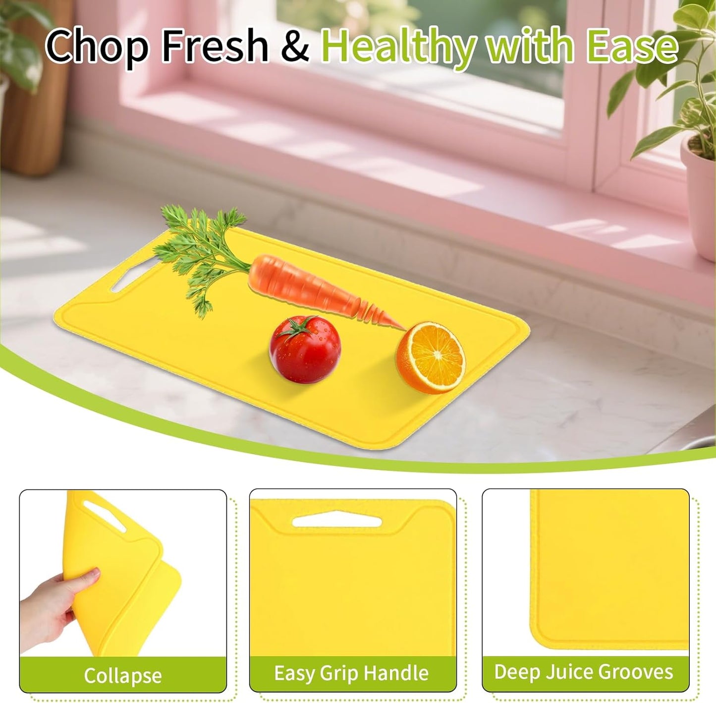 Flexible Plastic Cutting Boards for Kitchen, 11.8''x 8.6'' Silicone Cutting Board, BPA Free Non Slip Cutting Mat for Meat, Vegetables and Fruit with Easy Grip Handle, Dishwasher Safe (Yellow)