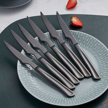 Black Steak Knife Set, 6 Piece Stainless Steel Kitchen Knife Set & Kitchen Utility Knives, 8.7 Inch Serrated Steak Knives, Dinner Knives, Sharp Knife with Ergonomic Handles