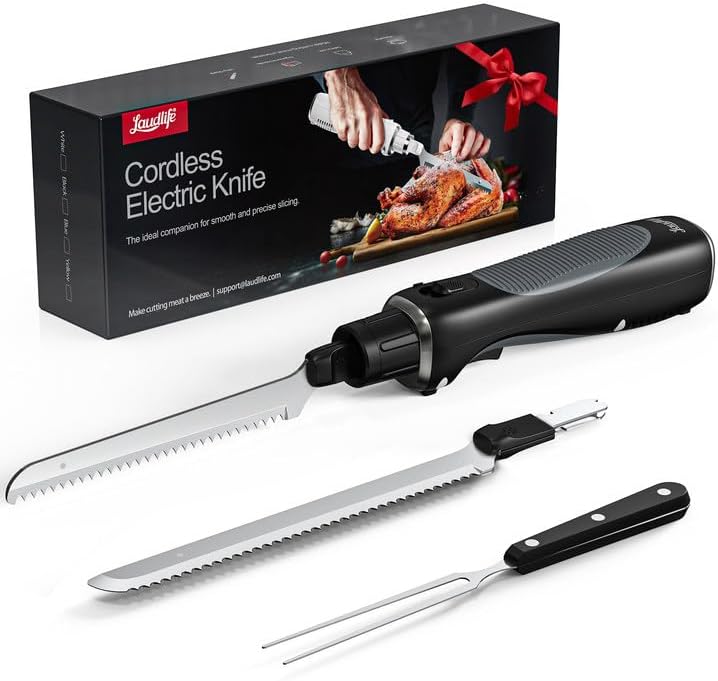 LAUDLIFE Electric Knife, Cordless Cutting Knife, Ergonomic Design with Comfortable Contoured Grip Rechargeable Easy-Slice Electric Carving Blade for Meat Slicing, Bread, Fillet, Turkey, Black
