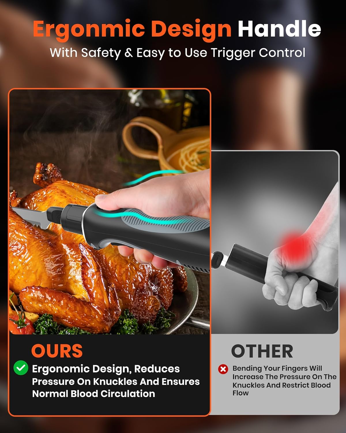 LAUDLIFE Electric Knife, Cordless Cutting Knife, Ergonomic Design with Comfortable Contoured Grip Rechargeable Easy-Slice Electric Carving Blade for Meat Slicing, Bread, Fillet, Turkey, Black