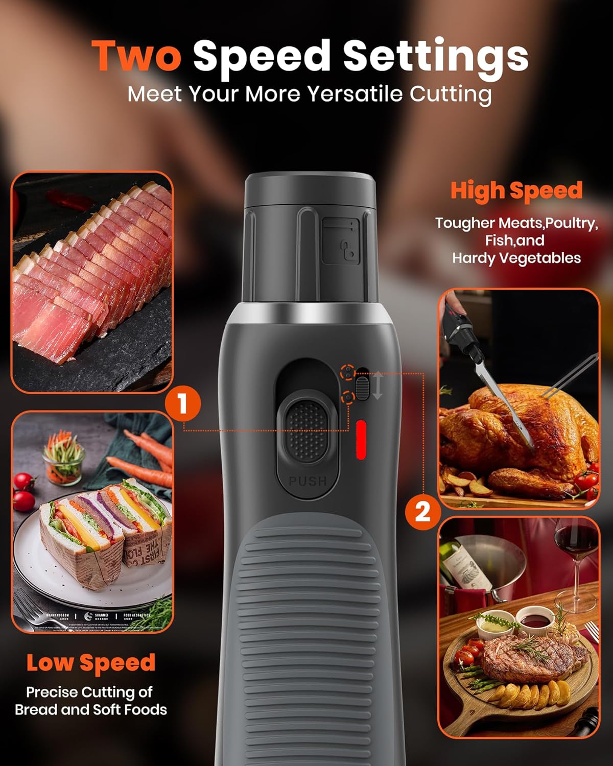 LAUDLIFE Electric Knife, Cordless Cutting Knife, Ergonomic Design with Comfortable Contoured Grip Rechargeable Easy-Slice Electric Carving Blade for Meat Slicing, Bread, Fillet, Turkey, Black