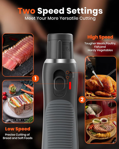 LAUDLIFE Electric Knife, Cordless Cutting Knife, Ergonomic Design with Comfortable Contoured Grip Rechargeable Easy-Slice Electric Carving Blade for Meat Slicing, Bread, Fillet, Turkey, Black