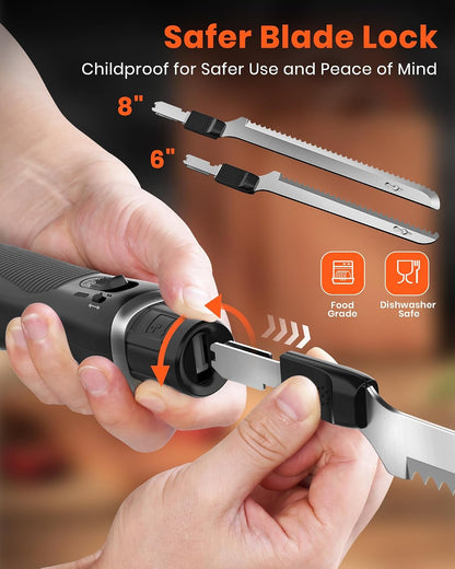 LAUDLIFE Electric Knife, Cordless Cutting Knife, Ergonomic Design with Comfortable Contoured Grip Rechargeable Easy-Slice Electric Carving Blade for Meat Slicing, Bread, Fillet, Turkey, Black