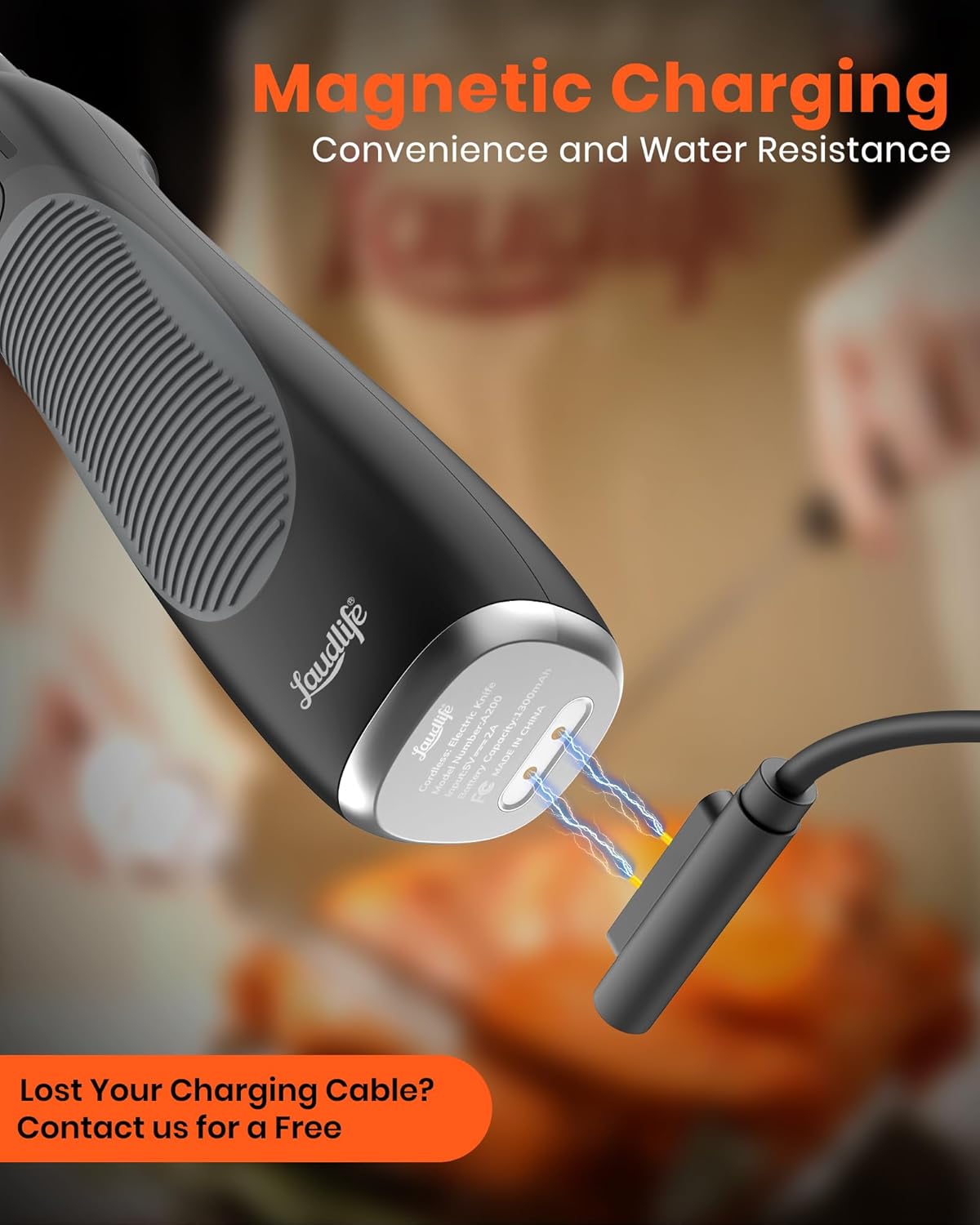 LAUDLIFE Electric Knife, Cordless Cutting Knife, Ergonomic Design with Comfortable Contoured Grip Rechargeable Easy-Slice Electric Carving Blade for Meat Slicing, Bread, Fillet, Turkey, Black
