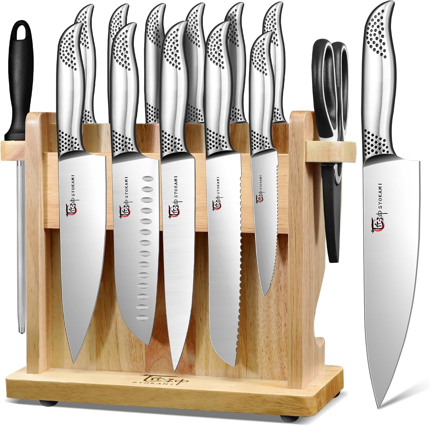 SYOKAMI Japanese Knives Set for Kitchen, Magnetic Knife Set with Block and Sharpener, Stainless Steel Knife Set as Gift for Couple, Wedding, Women or Mom with Gift Box, 14 PCS Black Dot