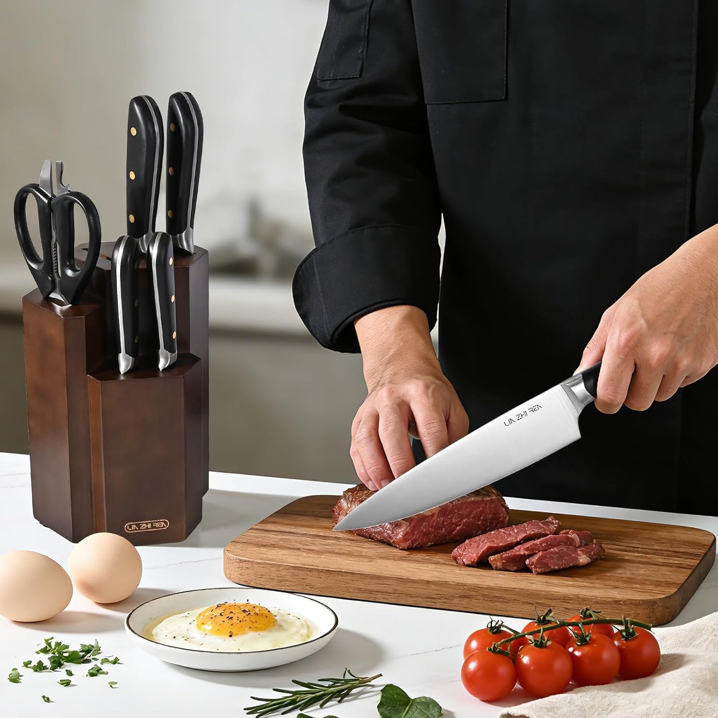 14-Piece Kitchen Knife Set with Detachable Block, High Carbon Stainless Steel Dishwasher Safe Knives, Includes Chef, Santoku, Bread, Steak Knives for Home Kitchen,White