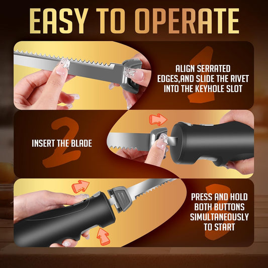 Cordless Electric Knife Easy Slice and Assemble with Storage Case, Serrated Edge Blades Carving Set with Ergonomic Handle and Safety Lock for Turkey, Meat, Bread, Ribs, Fillet and Foam