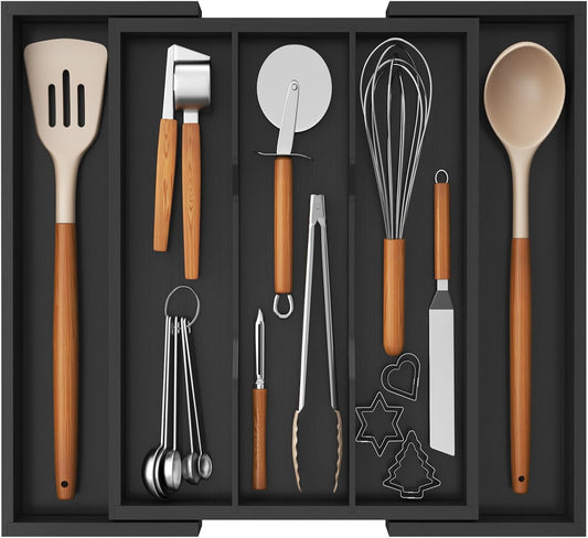 Lifewit Utensil Organizer for Kitchen Drawer, Expandable Cooking Utensil Tray, Cutlery Silverware Flatware Holder, Wood Adjustable Spatula Tools Storage Divider, 8.9-15.8 x 15.75, Natural