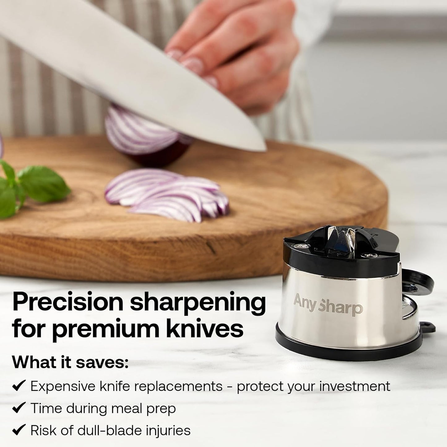 AnySharp – PRO – Hands Free Knife Sharpener - Easy to Use Sharpening Tool with PowerGrip Suction Base and 20-Degree Pre-set Angle - For All Knives: Chef’s, Serrated, and Hardened Steel - Metal