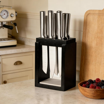 Universal Wood Knife Block Natural Acacia Wood Knife Holder for Kitchen Counter Large Capacity Slotted Storage for Chef, Steak Bread Knives Space-Saving Modern Design Non-Slip Base Black