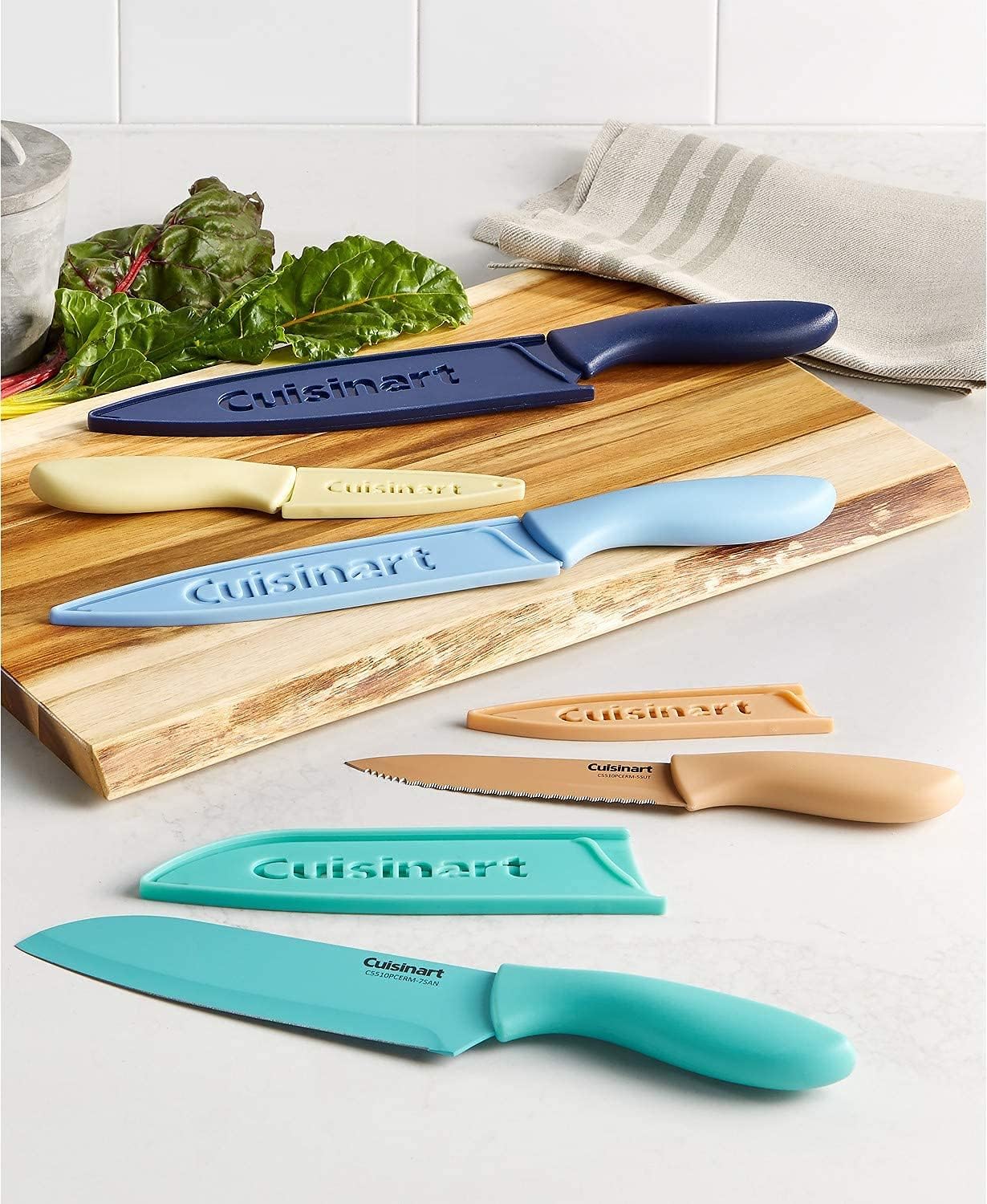 Cuisinart C55-10PCERM Ceramic Coated Knife Set with Blade Guard Sheaths (10- Piece Set) in Dark Pastels