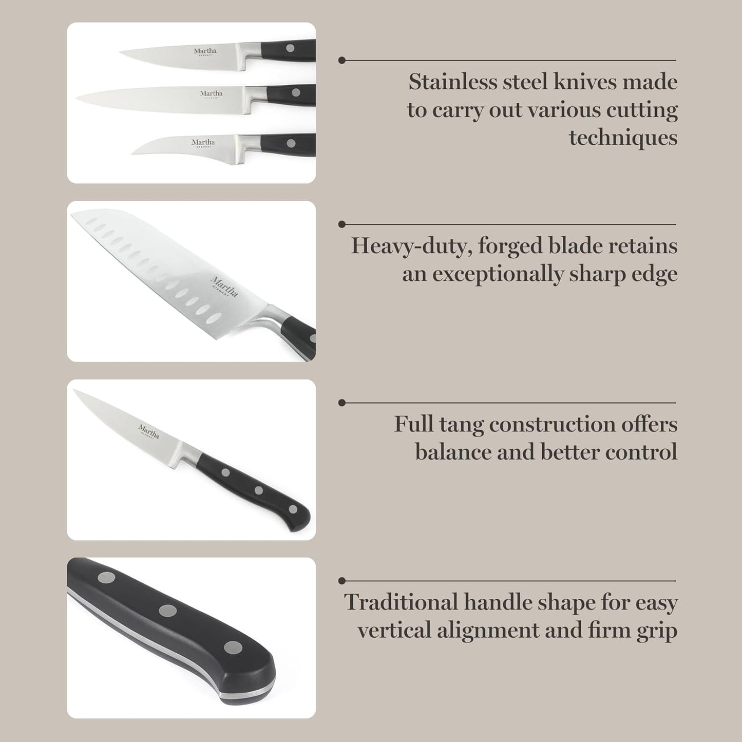 Martha Stewart Carverton 10" Hollow Edge Slicer Knife, High Carbon Stainless Steel Kitchen Knives w/Black Triple Riveted Handle