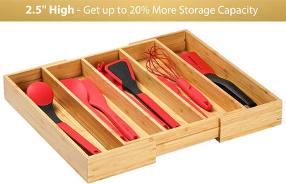 Umilife Large Expandable Kitchen Silverware Utensils Drawer Organizer, 2.5" Extra High Adjustable Drawer Divider with Curved Grooves, Bamboo Wood Cutlery Tray Flatware Holder