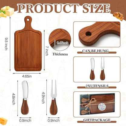 1 Set Bridal Baby Shower Cheese Prizes Wooden Square Board Gift Set Knives Forks Thank You Tags with Box for Guests for Valentines Bridal Baby Shower Housewarming Gifts (Bamboo Color)