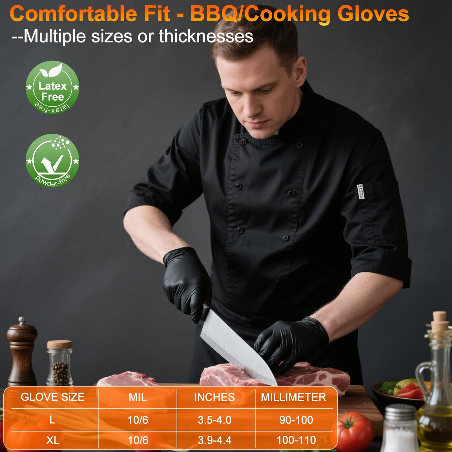 ANBOSON BBQ Gloves Disposable-Heat Resistant Cooking & Grilling Gloves Set (100 Black Nitrile, 4 Cotton Liners)-10Mil Heavy Duty Meat Handling Smoker Accessories for Hot Food Prep,Non-Slip Grip,Large
