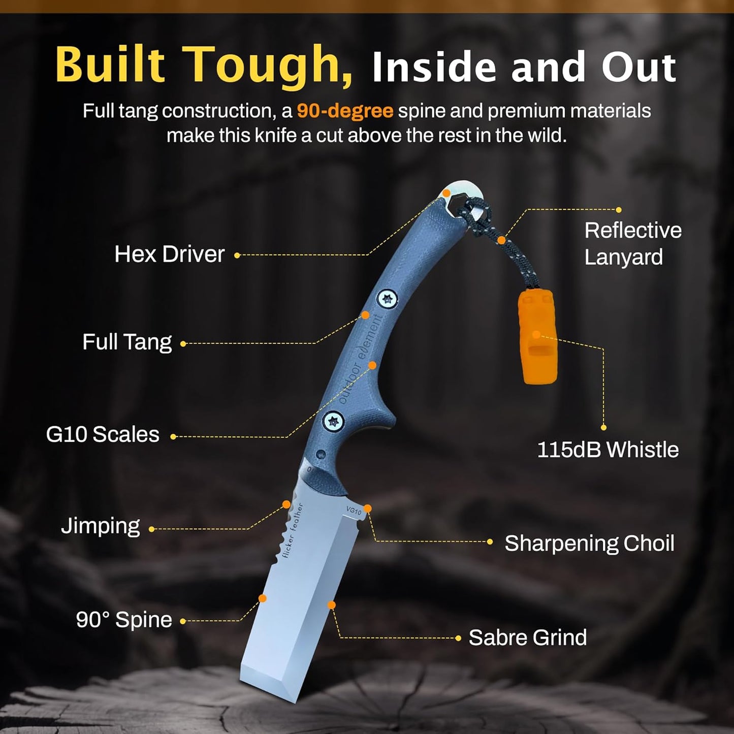 Scout Feather Glow - Fixed Blade Survival Knife with built-in Firestarter for Camping, Hunting, Outdoor Adventure and Culinary Need - VG10 Blade, Whistle, Knife Sharpener, Compact Sheath & G10 Handle