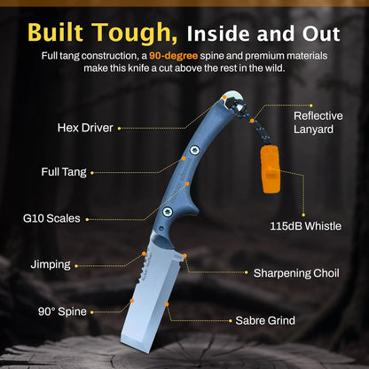Scout Feather Glow - Fixed Blade Survival Knife with built-in Firestarter for Camping, Hunting, Outdoor Adventure and Culinary Need - VG10 Blade, Whistle, Knife Sharpener, Compact Sheath & G10 Handle