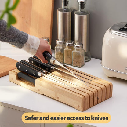Bamboo Knife Block and In-Drawer Storage, Display Stand and Organizer, In-Drawer Knife Drawer Organizer(Knives Not Included)