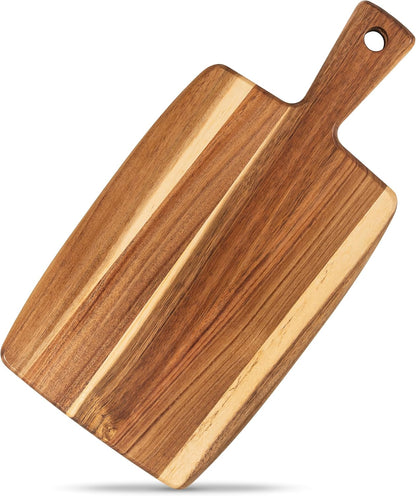 Acacia Wood Cutting Board and Chopping Board with Handle for Meat, Cheese Board, Vegetables, Bread, and Charcuterie - Decorative Wooden Serving Board for Kitchen and Dining Room, Large 17" x 13"