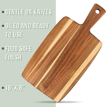 Acacia Wood Cutting Board and Chopping Board with Handle for Meat, Cheese Board, Vegetables, Bread, and Charcuterie - Decorative Wooden Serving Board for Kitchen and Dining Room, Large 17" x 13"