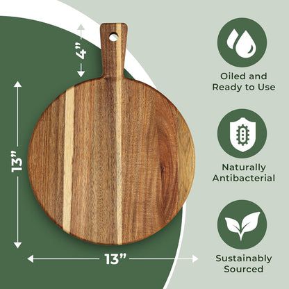 Acacia Wood Cutting Board and Chopping Board with Handle for Meat, Cheese Board, Vegetables, Bread, and Charcuterie - Decorative Wooden Serving Board for Kitchen and Dining Room, Large 17" x 13"
